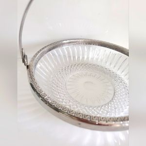 Vintage Cut Glass Basket Bowl Silver Rim & Handle Vanity Dish Greek Key Design